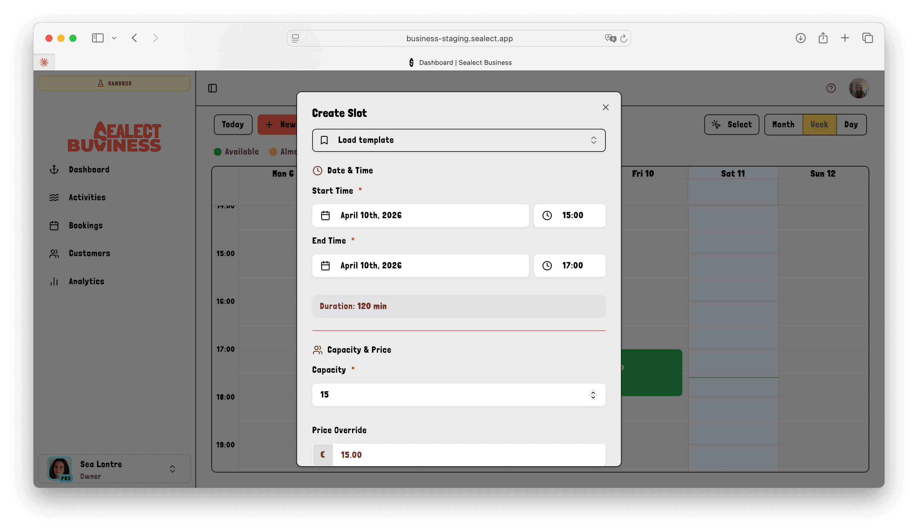 Recurring slot creation form in the Sealect dashboard