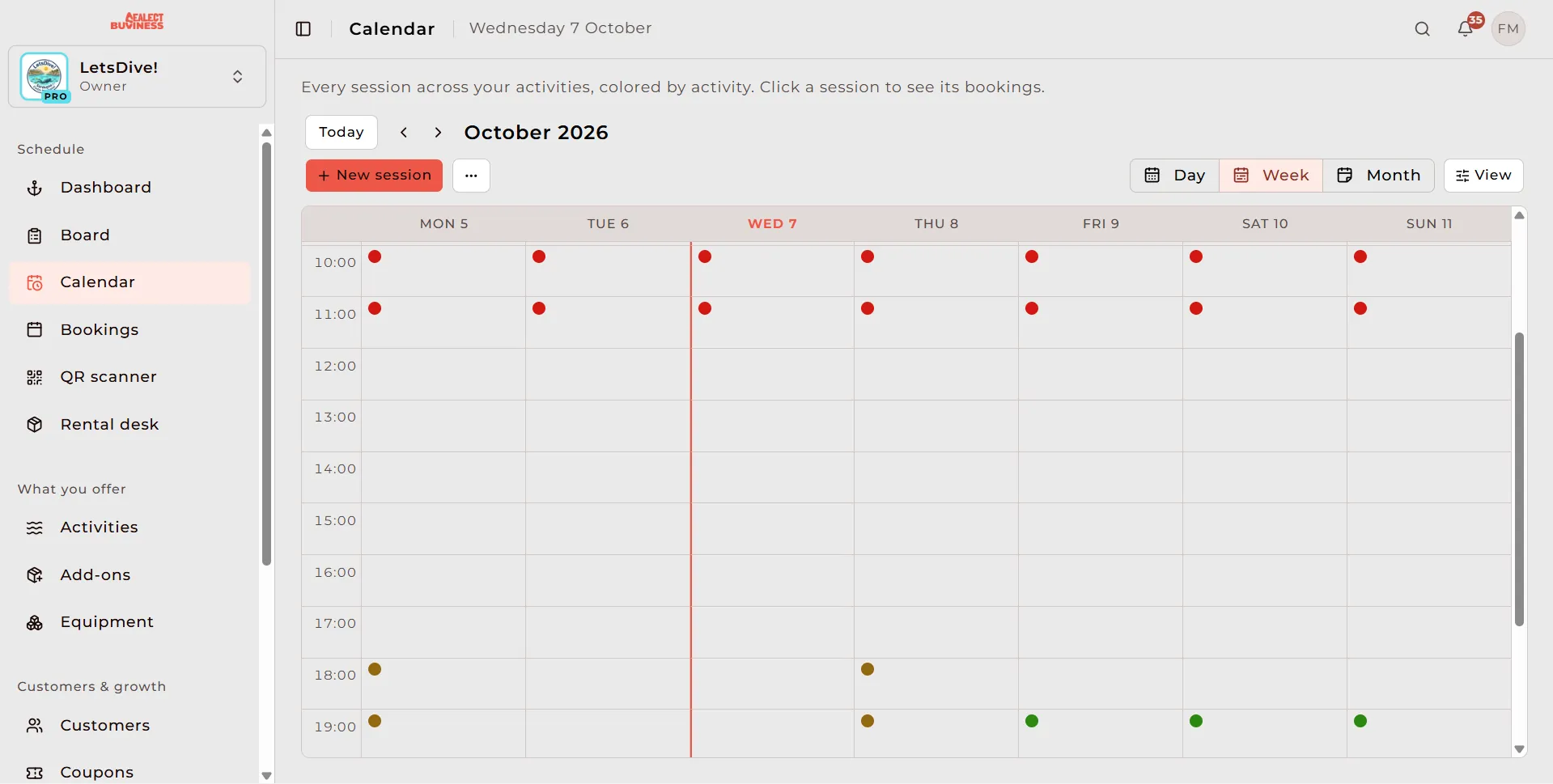 Weekly calendar view in the Sealect dashboard, with sessions colour-coded by activity