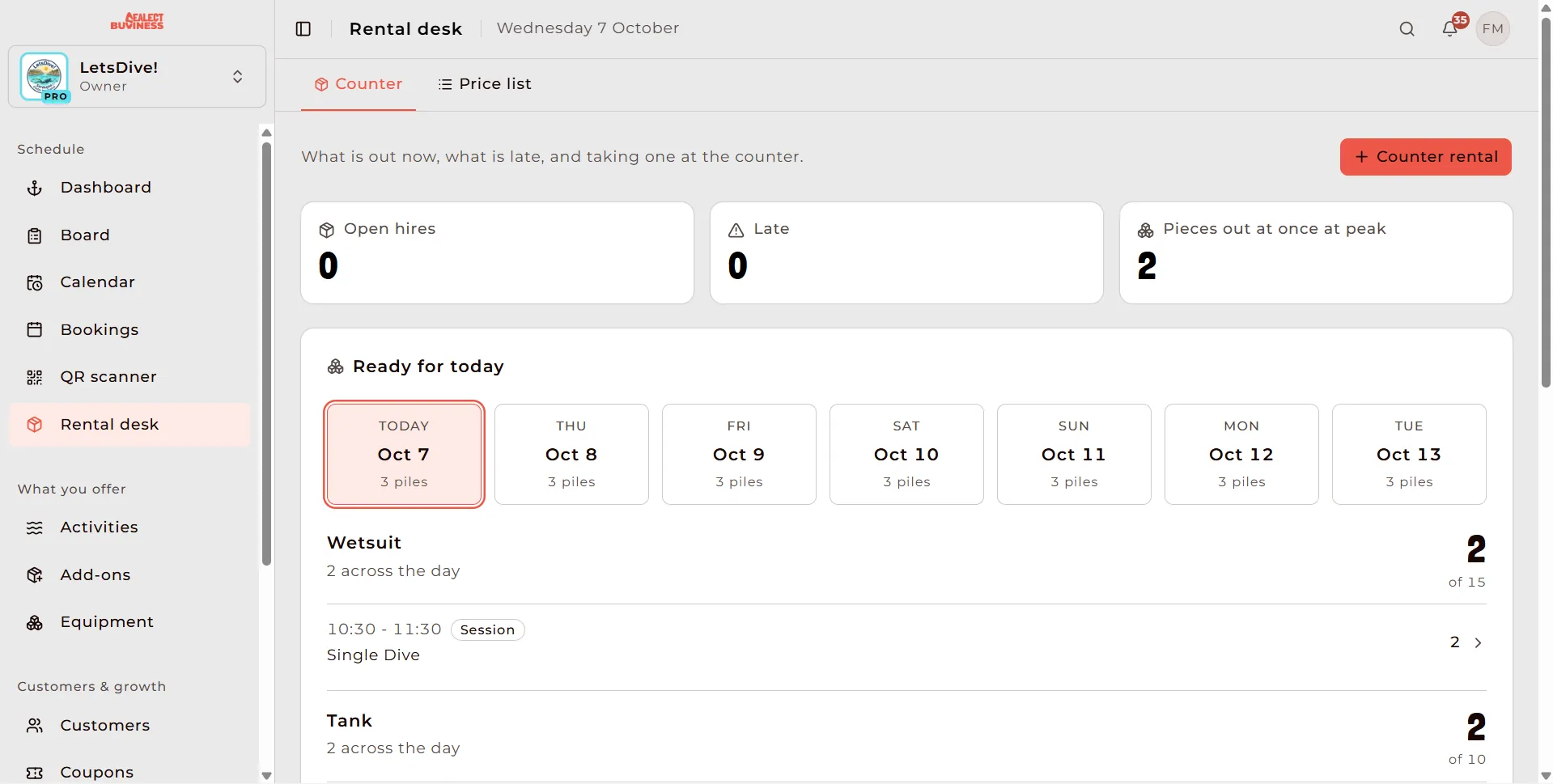 Rental desk in the Sealect dashboard, with gear to prepare and gear still out