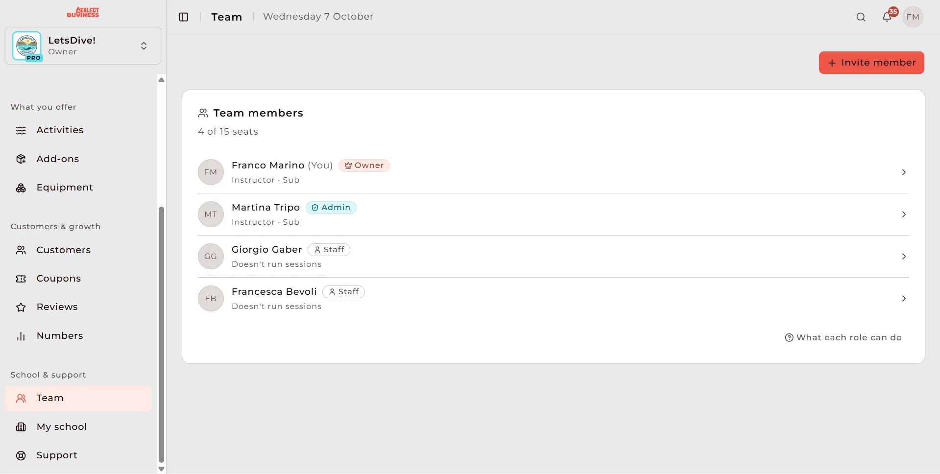 Team member management in the Sealect dashboard
