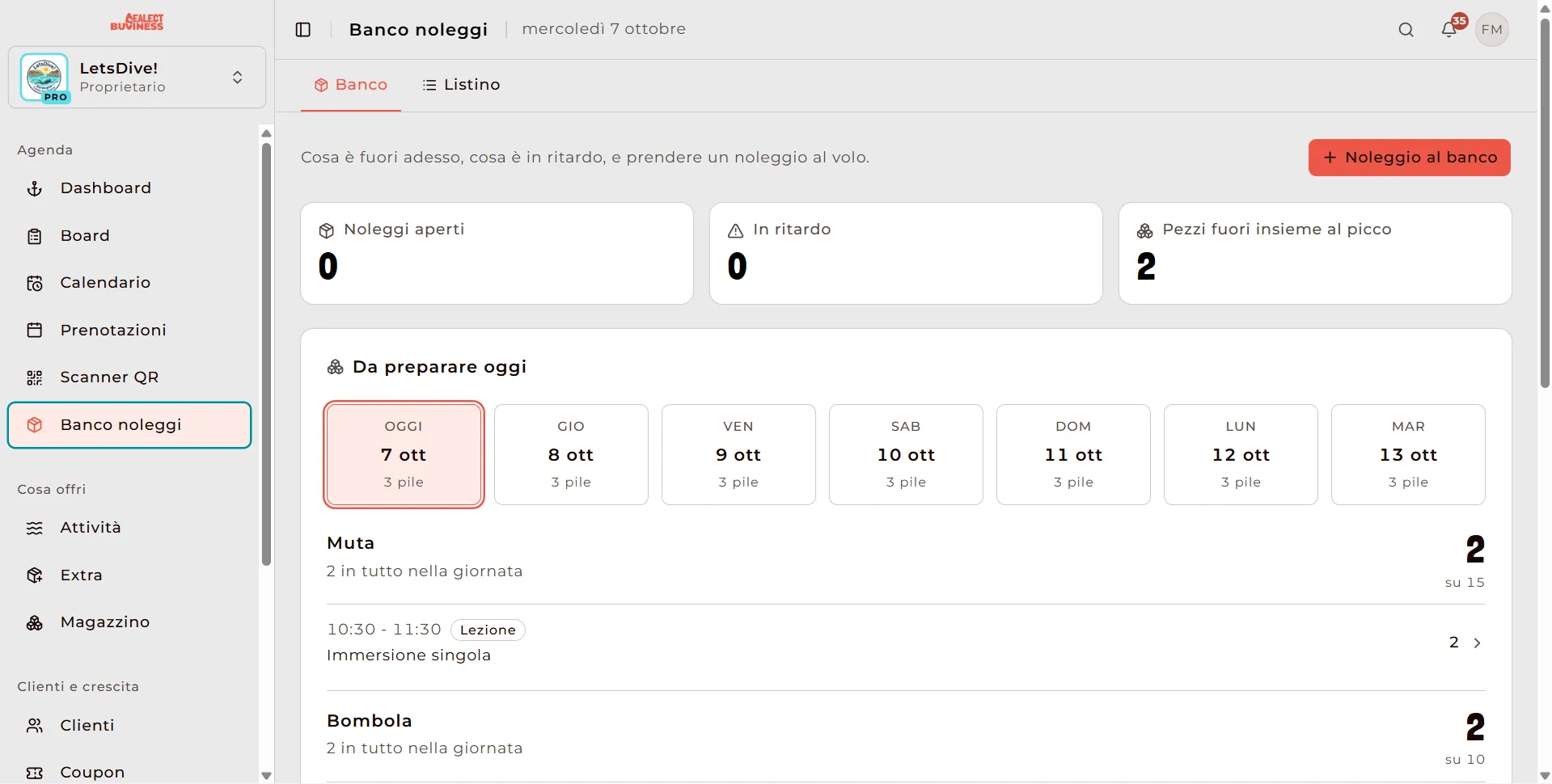 Banco noleggi nella dashboard Sealect, con l'attrezzatura da preparare e da far rientrare