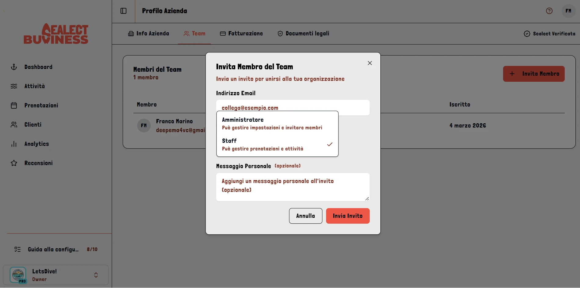 Gestione membri del team nella dashboard Sealect