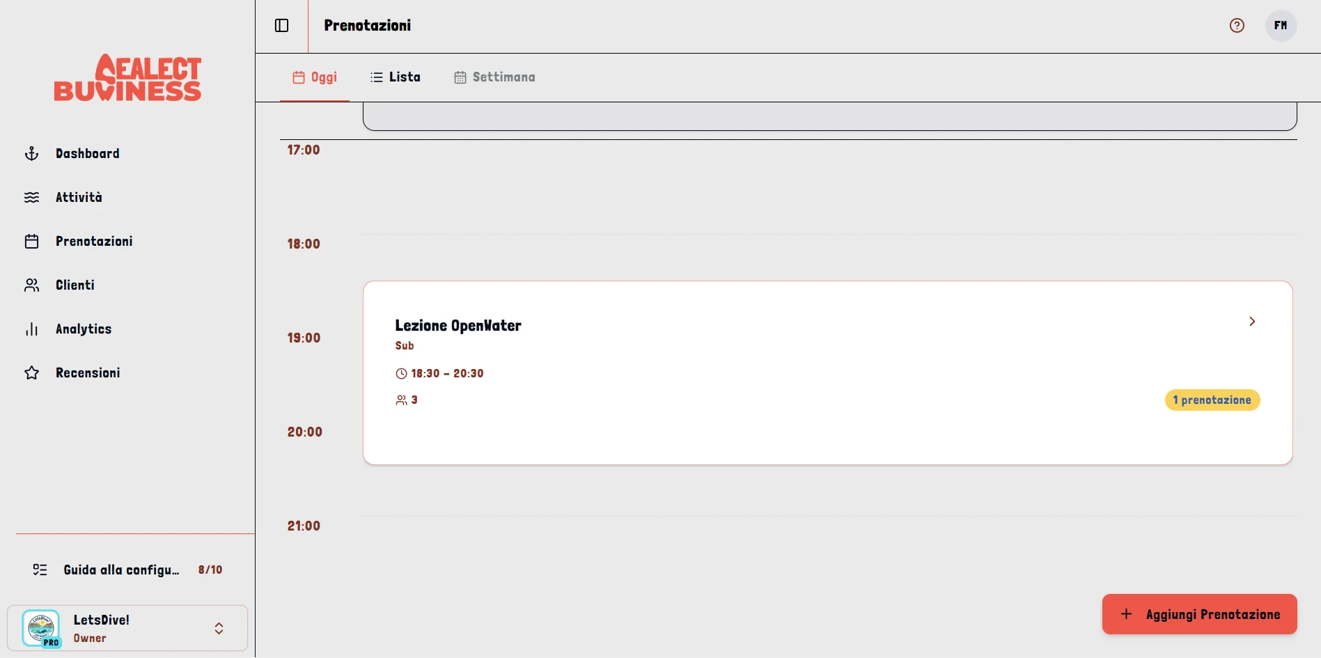 Vista delle prenotazioni di oggi nella dashboard Sealect