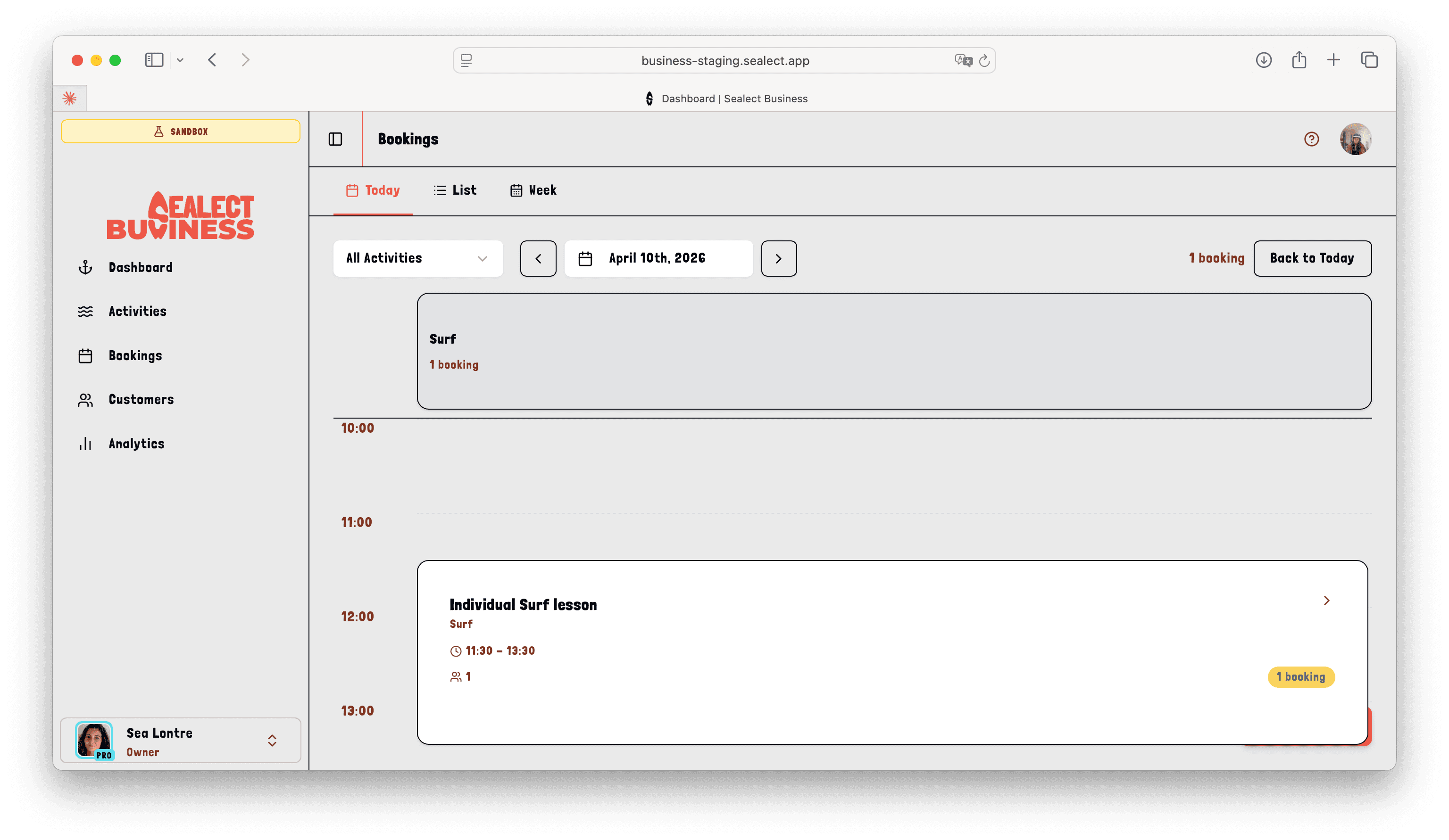 Today's bookings view in the Sealect dashboard