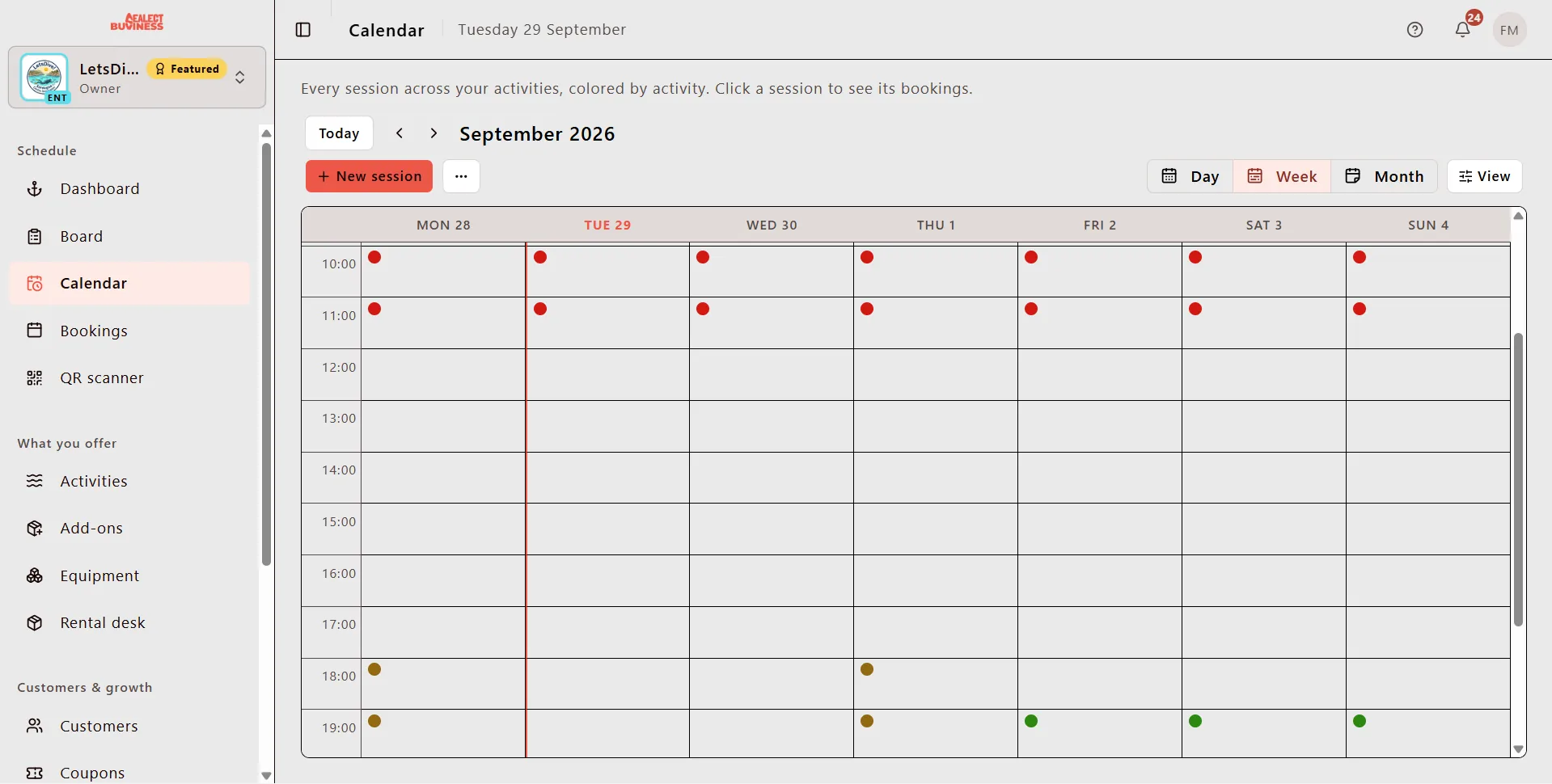 Weekly calendar view in the Sealect dashboard, with sessions colour-coded by activity