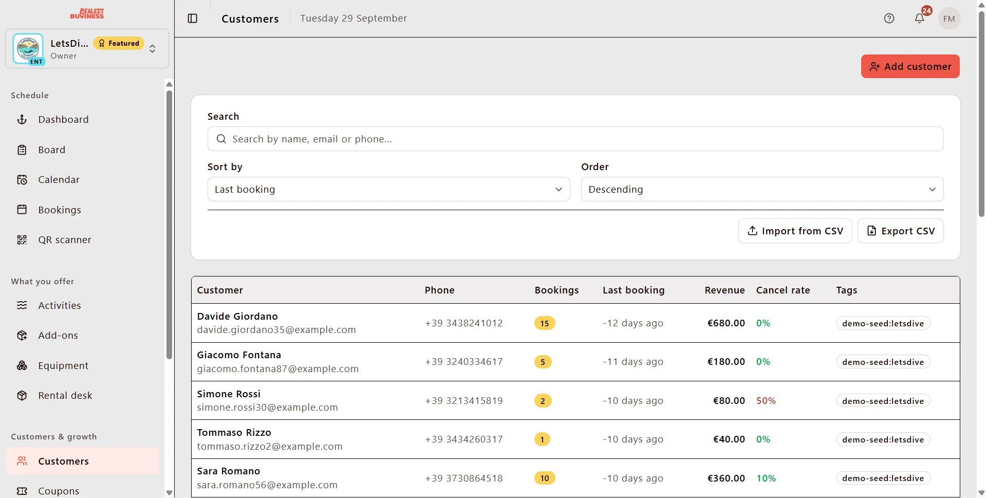 Client directory with booking history in the Sealect dashboard