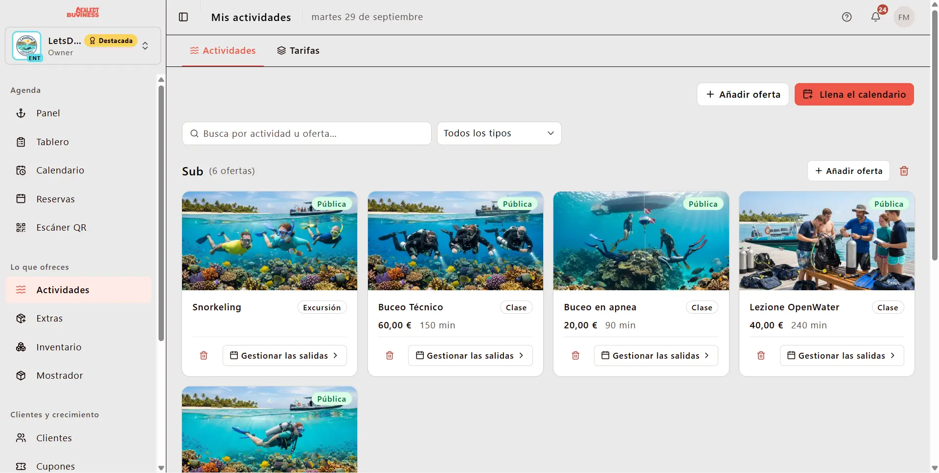 Gestión de actividades y ofertas en el panel de Sealect
