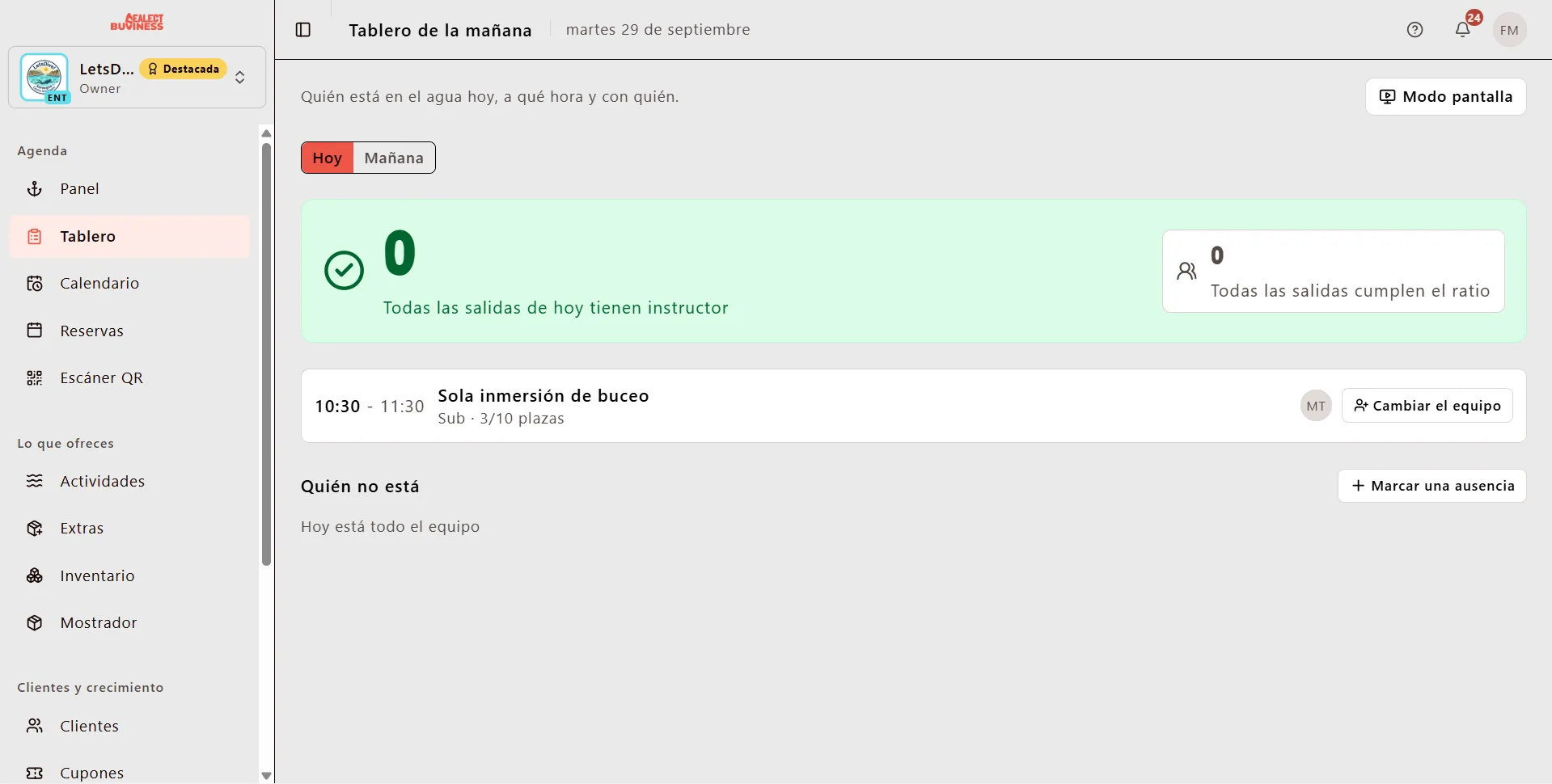 El panel de Sealect con el tablero de la mañana: quién está en el agua hoy