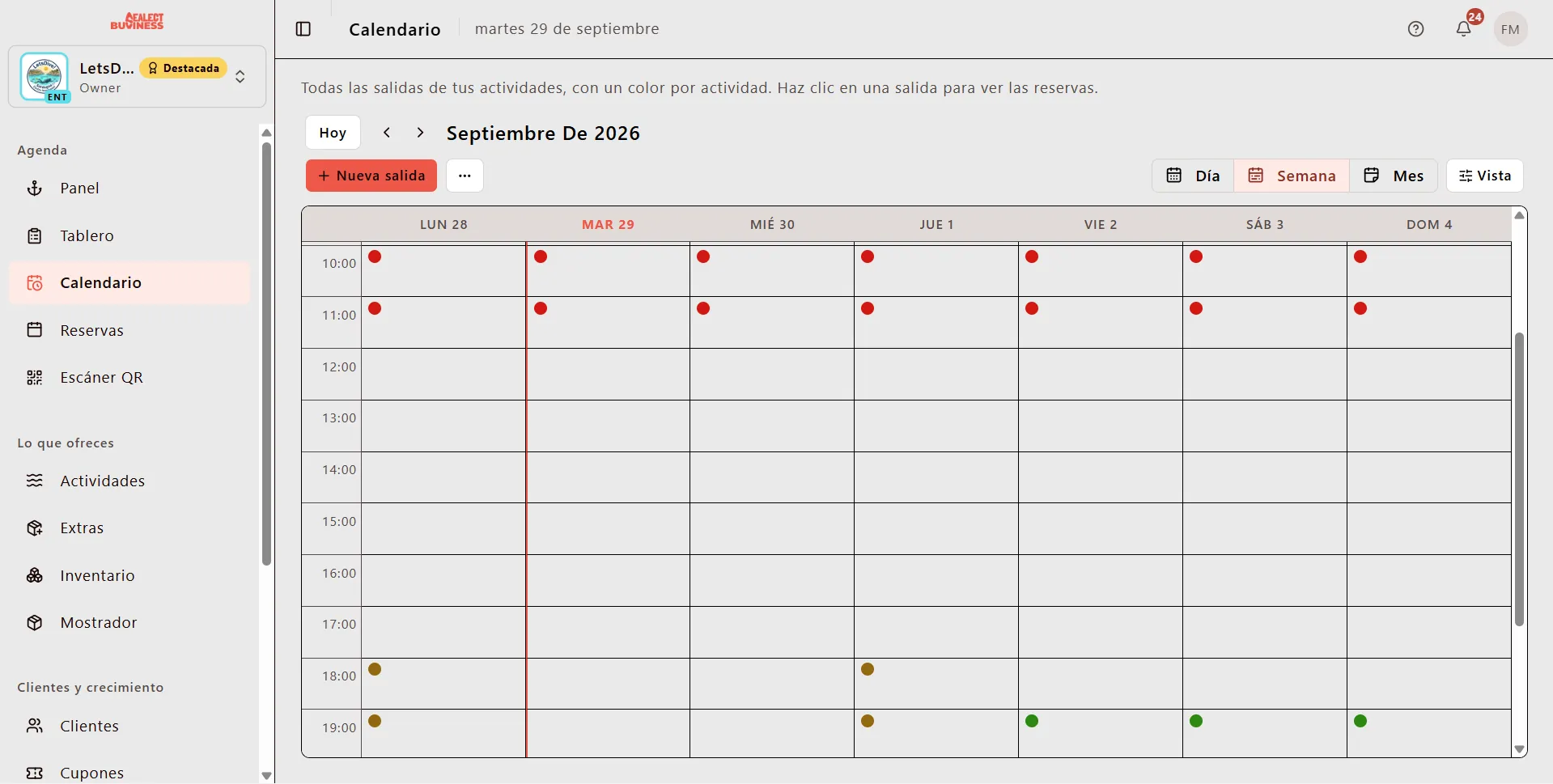 Vista de calendario semanal en el panel de Sealect, con las salidas coloreadas por actividad