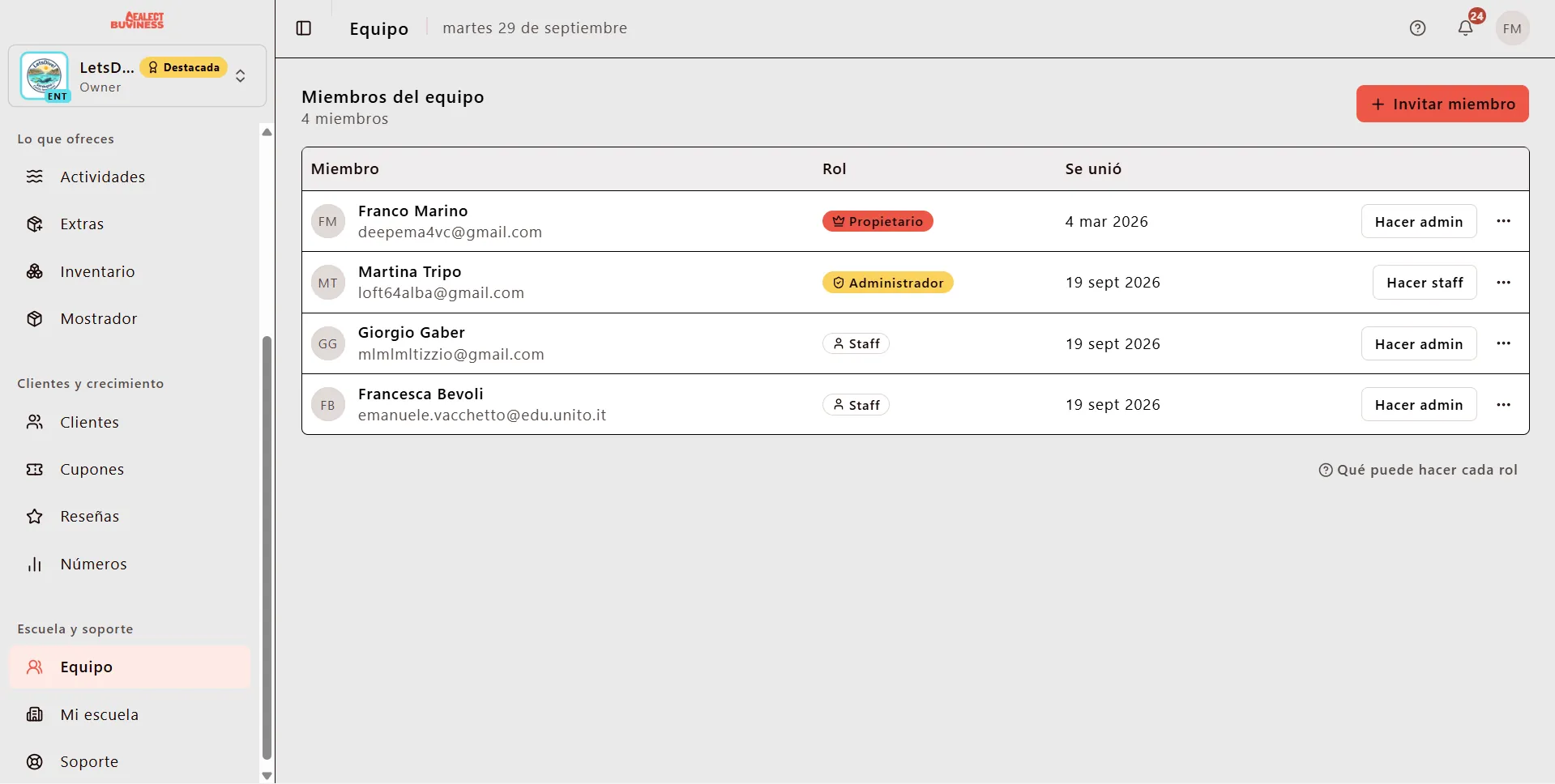 Gestión de los miembros del equipo en el panel de Sealect