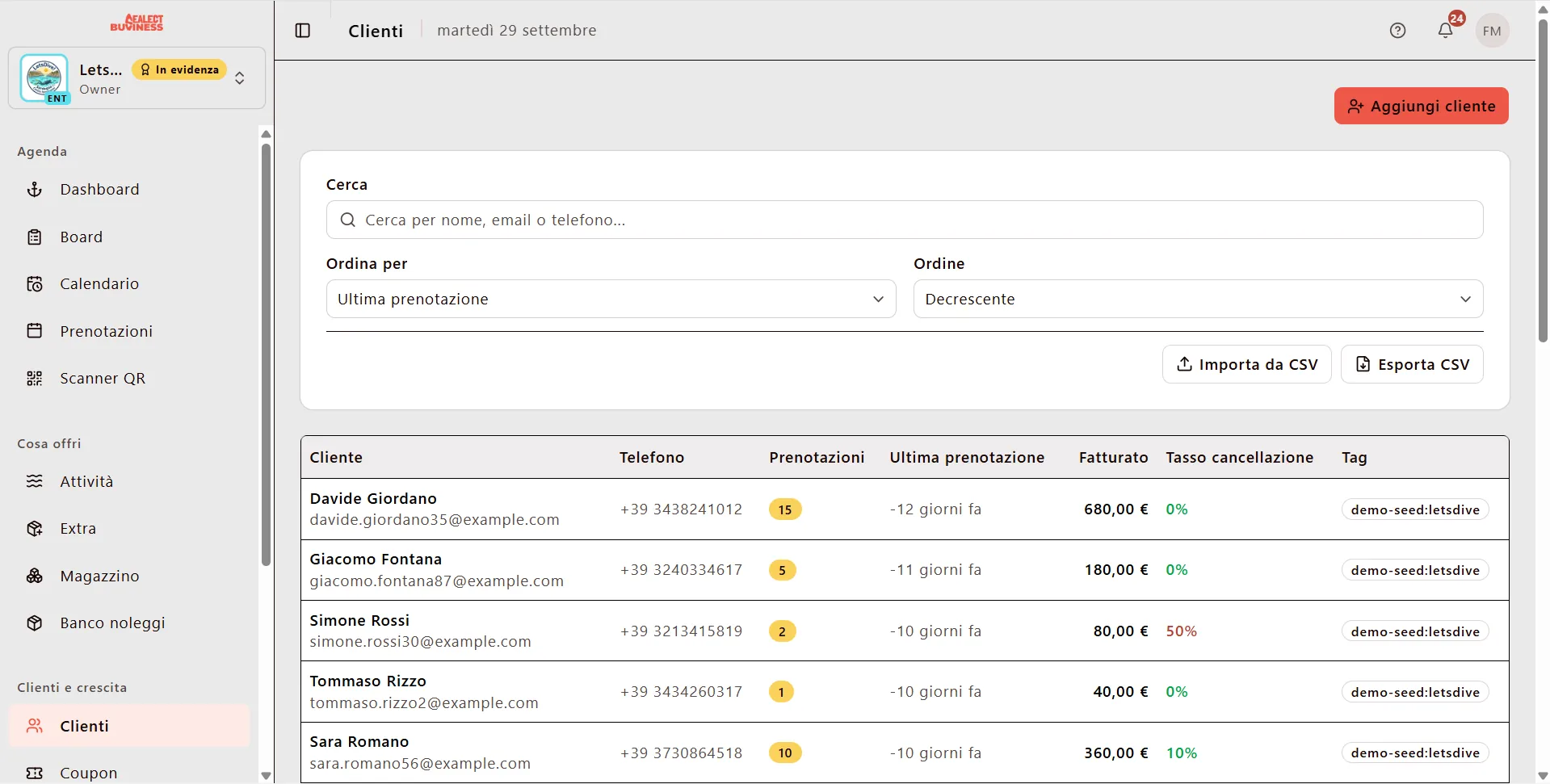 Rubrica clienti con storico prenotazioni nella dashboard Sealect