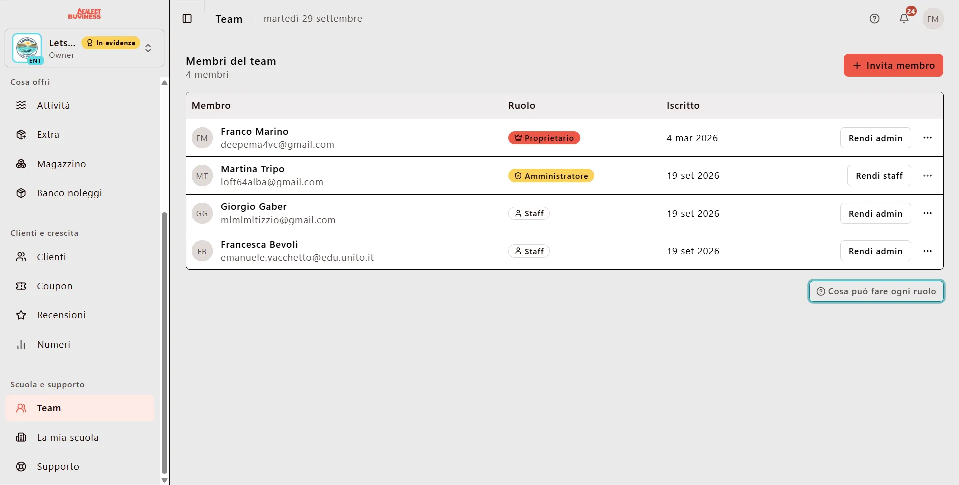 Gestione membri del team nella dashboard Sealect